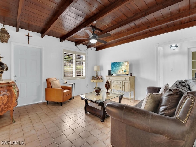 living room with light tile patterned floors, wood ceiling, a ceiling fan, and beam ceiling