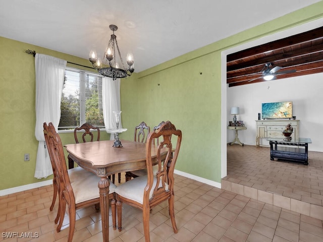 dining area featuring baseboards, light tile patterned flooring, beam ceiling, and an inviting chandelier