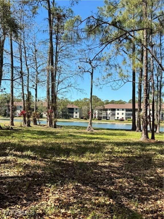 view of property's community featuring a water view and a lawn