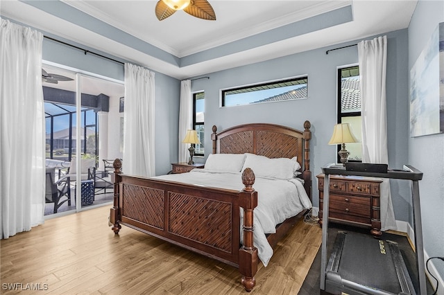 bedroom featuring access to exterior, crown molding, a raised ceiling, and wood finished floors