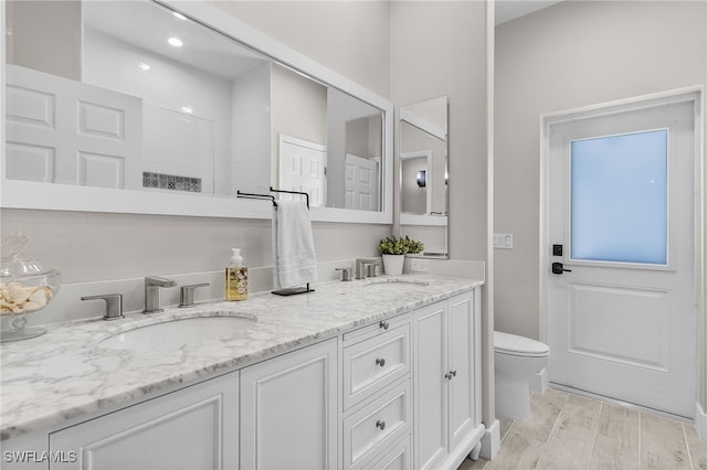 full bathroom with a sink, toilet, double vanity, and wood tiled floor