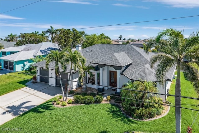 view of front of house with stucco siding, driveway, roof with shingles, a front yard, and a garage