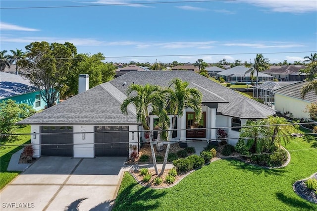 view of front of property featuring stucco siding, roof with shingles, concrete driveway, a front yard, and a garage