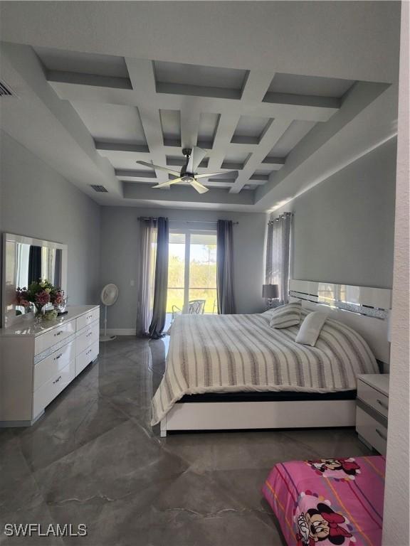 bedroom with baseboards, visible vents, coffered ceiling, ceiling fan, and beamed ceiling