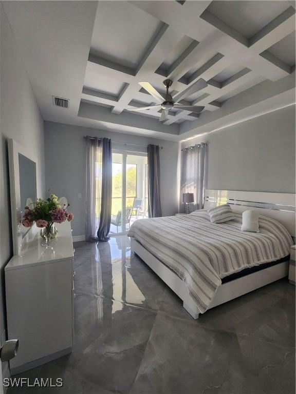 bedroom featuring visible vents, access to outside, coffered ceiling, baseboards, and ceiling fan