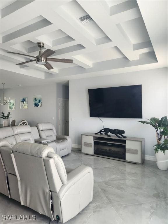 living room with visible vents, baseboards, ceiling fan, beam ceiling, and coffered ceiling