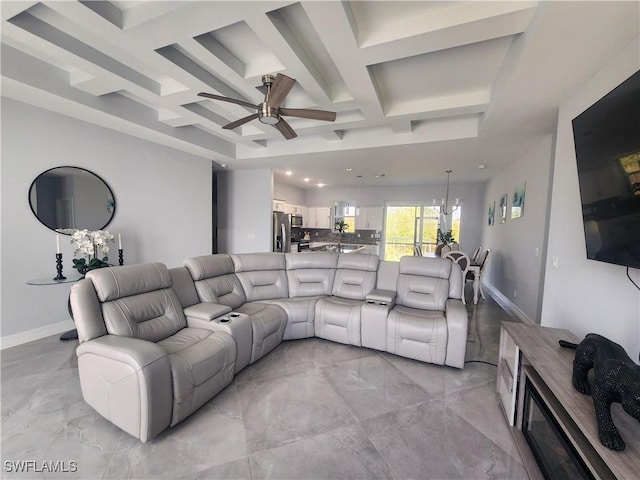 living room featuring baseboards, beamed ceiling, recessed lighting, ceiling fan with notable chandelier, and coffered ceiling