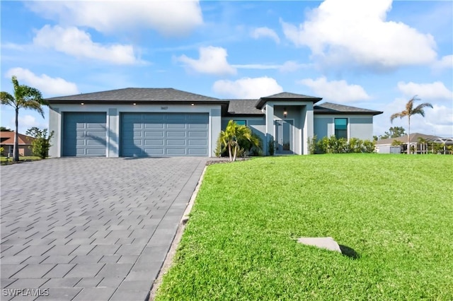 prairie-style home with a front lawn, decorative driveway, an attached garage, and stucco siding