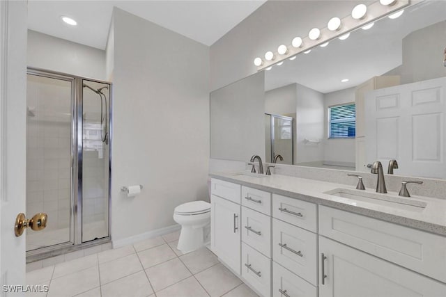 full bathroom with tile patterned flooring, a sink, toilet, and a shower stall