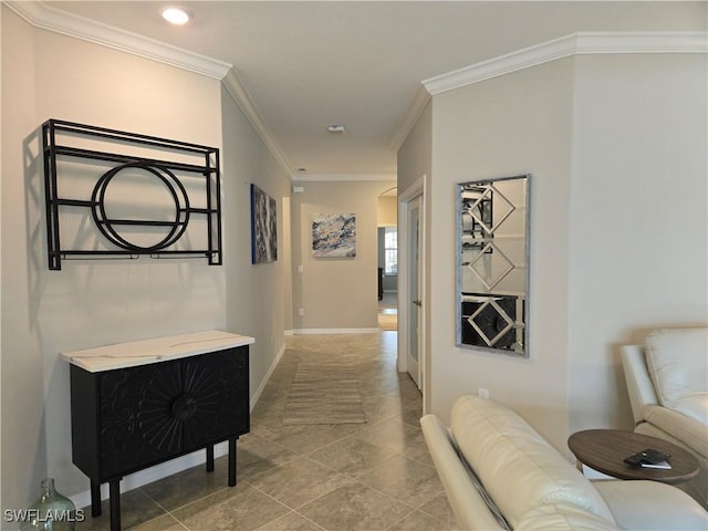 hall featuring recessed lighting, crown molding, and baseboards