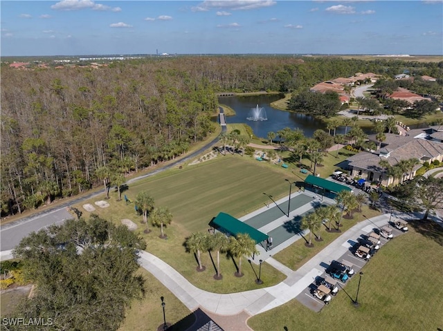 bird's eye view with a wooded view and a water view