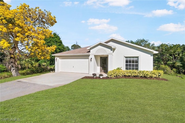 ranch-style house with a front yard, concrete driveway, a garage, and stucco siding