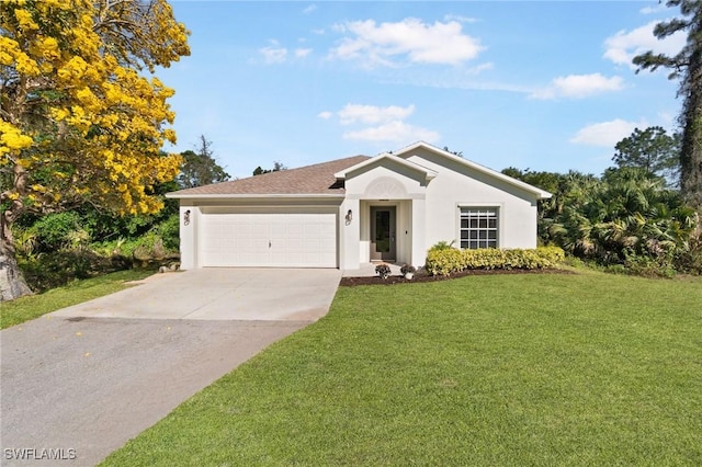 ranch-style home featuring a garage, concrete driveway, a front yard, and stucco siding