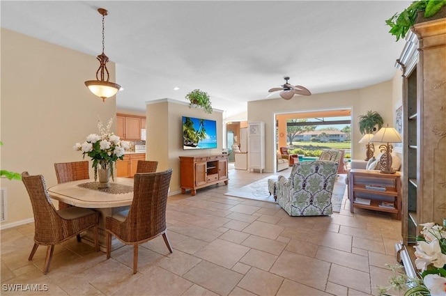 dining space with recessed lighting, a ceiling fan, visible vents, and baseboards