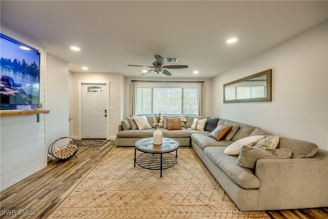 618 SE 26th St, Cape Coral, FL 33904 - living area with wood finished floors, a ceiling fan, and recessed lighting