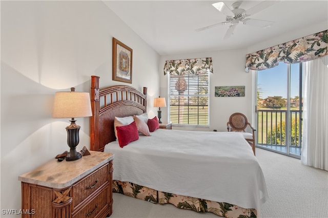 bedroom featuring ceiling fan, carpet floors, and access to exterior