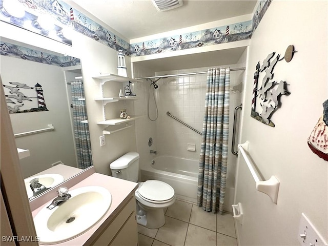 bathroom with visible vents, toilet, tile patterned flooring, shower / bath combo with shower curtain, and vanity