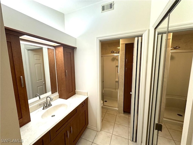 full bath featuring tile patterned flooring, visible vents, a shower stall, and vanity