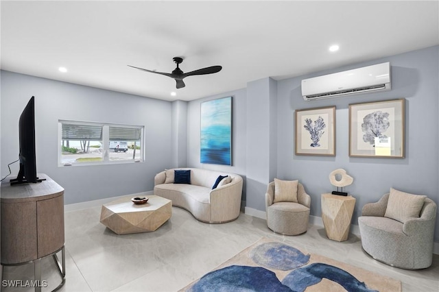 living area featuring a ceiling fan, recessed lighting, baseboards, and a wall mounted air conditioner