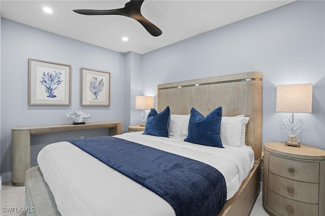 bedroom featuring recessed lighting and a ceiling fan