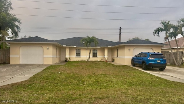 single story home featuring a garage, driveway, and stucco siding