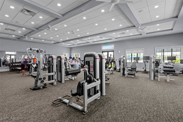 gym with a ceiling fan, baseboards, visible vents, and coffered ceiling