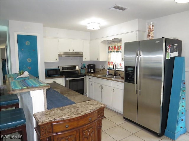 kitchen featuring under cabinet range hood, stainless steel appliances, a sink, white cabinetry, and visible vents