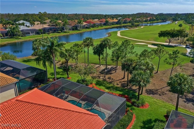 birds eye view of property with a residential view and a water view