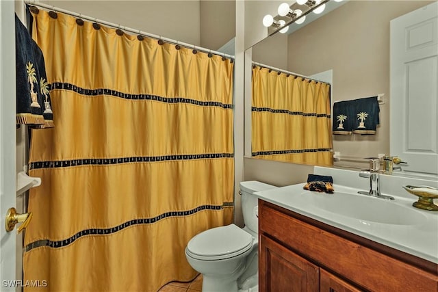 full bathroom with vanity, a shower with shower curtain, and toilet