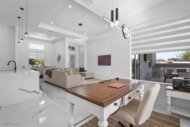 dining area with recessed lighting, marble finish floor, a tray ceiling, and visible vents