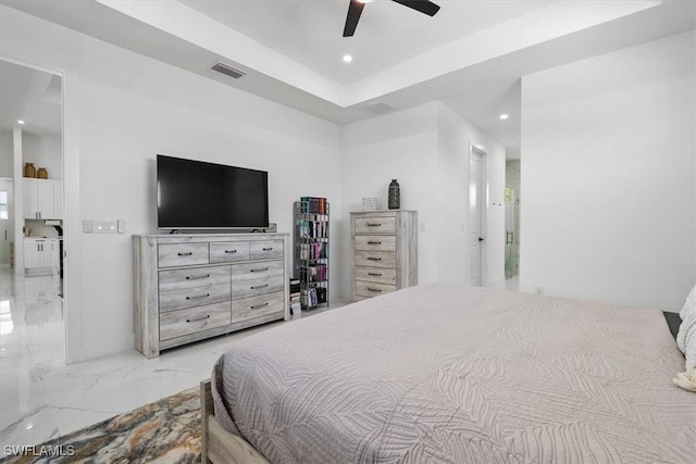 bedroom with visible vents, recessed lighting, marble finish floor, a raised ceiling, and a ceiling fan