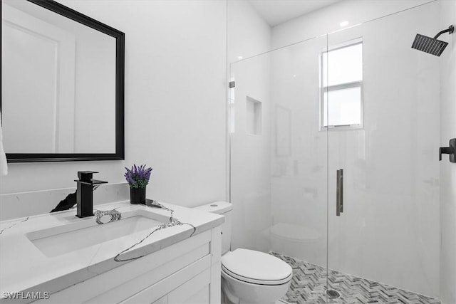 full bathroom with vanity, toilet, and a stall shower