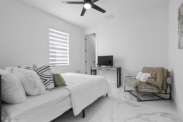 bedroom featuring visible vents, marble finish floor, and ceiling fan