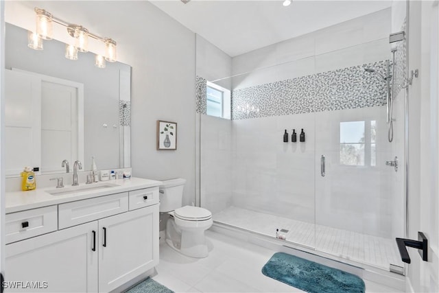 full bath featuring a shower stall, toilet, and vanity