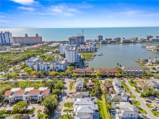 drone / aerial view featuring a water view and a city view