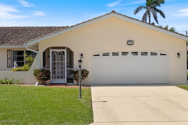 ranch-style house with stucco siding, a front lawn, concrete driveway, and a garage