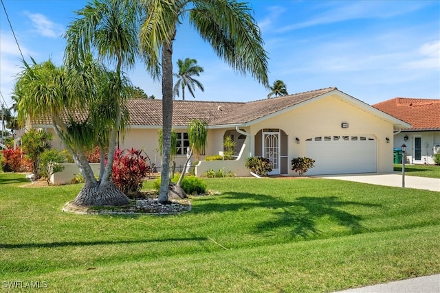 single story home featuring stucco siding, driveway, a front lawn, and a garage