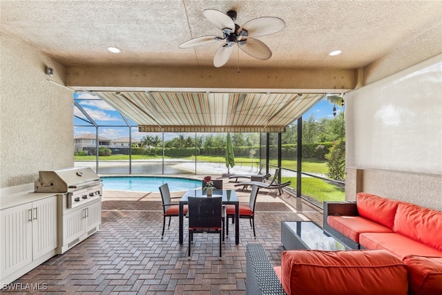 4360 Aurora St, Naples, FL 34119 - view of patio / terrace featuring outdoor lounge area, area for grilling, a lanai, an outdoor pool, and ceiling fan