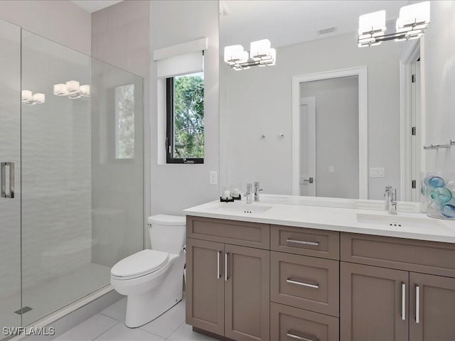 full bath with visible vents, a stall shower, toilet, and a sink