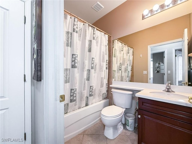 full bathroom featuring visible vents, toilet, shower / bath combo, tile patterned floors, and vanity