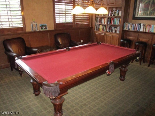 game room featuring pool table, carpet flooring, and a wealth of natural light