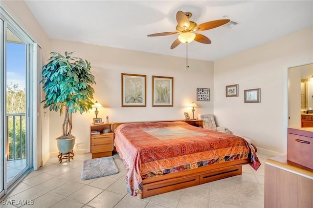 bedroom with access to exterior, light tile patterned floors, visible vents, and ceiling fan