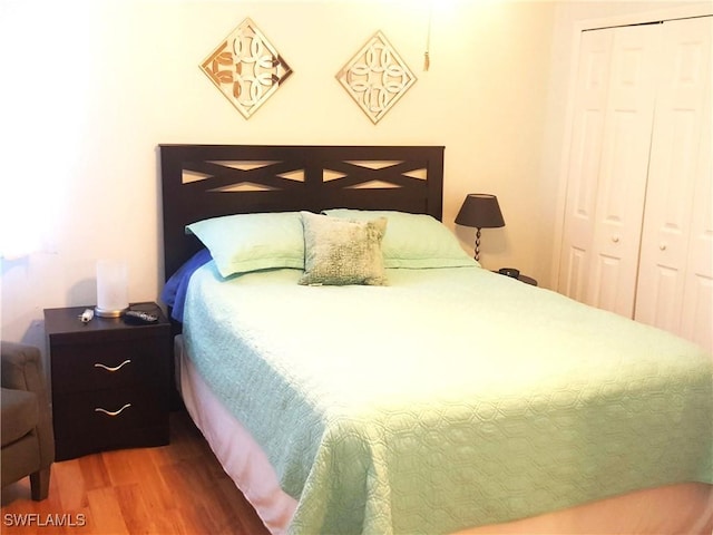 bedroom with wood finished floors and a closet