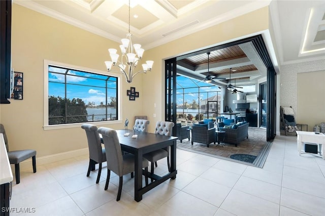 dining space featuring visible vents, beamed ceiling, crown molding, and a ceiling fan