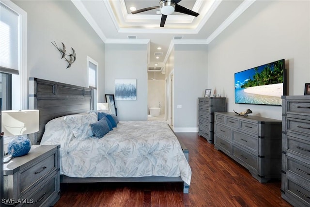 bedroom with visible vents, dark wood-style floors, recessed lighting, crown molding, and a raised ceiling