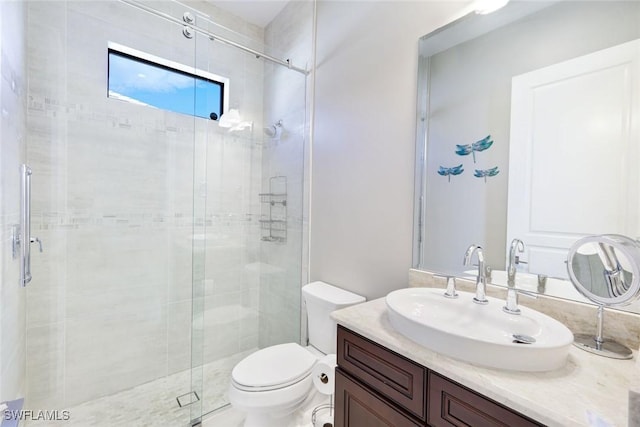 bathroom with a stall shower, toilet, and vanity