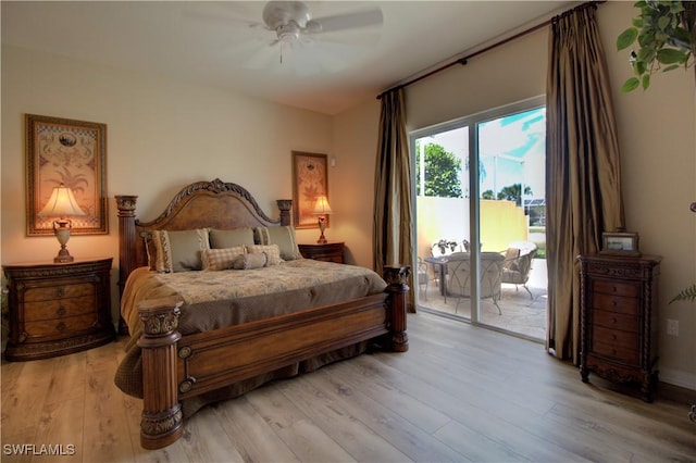 bedroom with light wood-style floors, access to exterior, and a ceiling fan