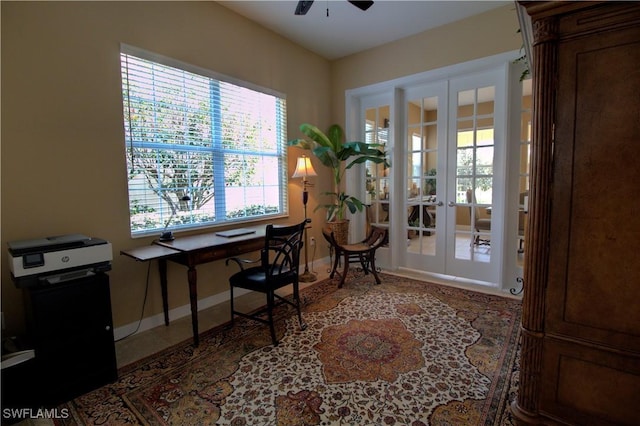 office with a ceiling fan, french doors, and baseboards