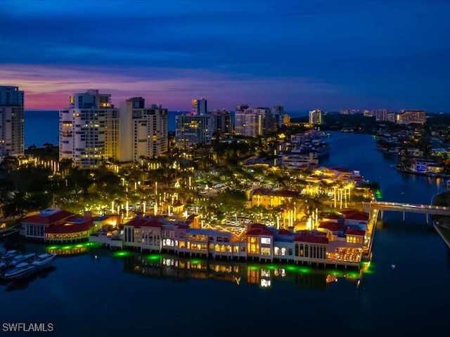 birds eye view of property with a city view and a water view