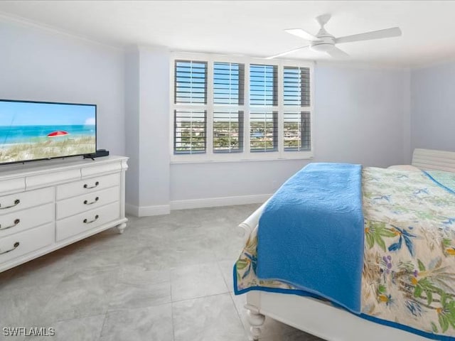 bedroom featuring crown molding, light tile patterned floors, baseboards, and ceiling fan